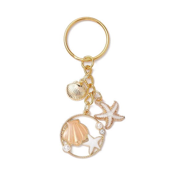 Брелок с подвеской из эмали из сплава, с железным кольцом, золотые, раковина и морская звезда
