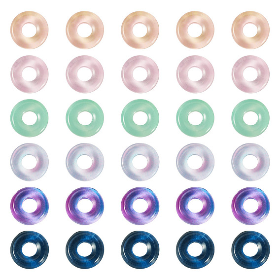 120Pcs 6 Colors Transparent Glass European Beads, Large Hole, Flat Round