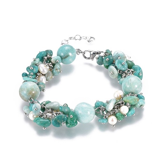 Natural Amazonite Beads Bracelets, with Natural Pearls and 304 Stainless Steel Lobster Claw Clasps, Packing Box