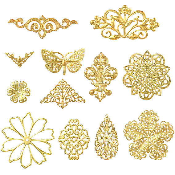 120 шт. 12 стили железные и сплавные филигранные люстры, компоненты, ссылки, Выводы по изготовлению свадебных головных уборов, золотые