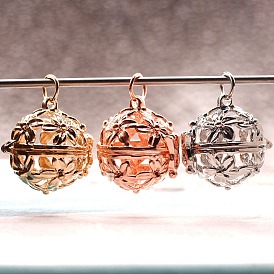 Brass Bead Cage Pendants, Round with Hollow Flower