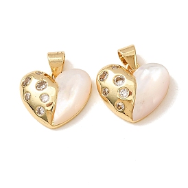 Brass Micro Pave Clear Cubic Zirconia Charms, Heart Charms, with White Shell, Rack Plating, Long-Lasting Plated, Lead Free & Cadmium Free