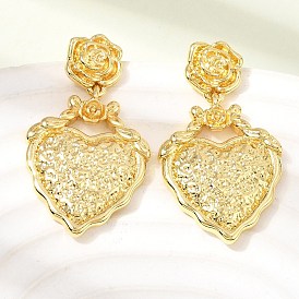 Латунные серьги-подвески ко Дню святого Валентина, Сердце со цветками , стойки покрытие, долговечный, без кадмия и без свинца
