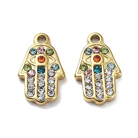 Ion Plating(IP) 304 Stainless Steel Charms, with Colorful Rhinestone, Hamsa Hand with Eye Charm