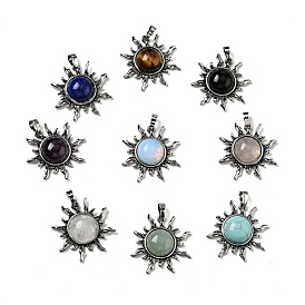 Natural & Synthetic Gemstone Pendants, Sun Charm, with Antique Silver Tone Alloy Findings, Mixed Dyed and Undyed