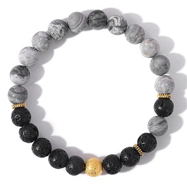 Natural Stone Beaded Bracelet for Men - Vintage Business Style with Elastic Cord and Electroplated Volcanic Stones in Cosmic Design