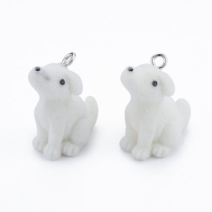 Opaque Resin Pendants, with Platinum Tone Iron Loops, Flocky Dog Charm