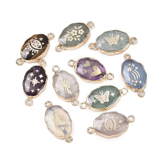 Овальные звенья-подвески с опалитом, натуральным аметистом, зеленым авантюрином, кварцевым кристаллом, амазонитом и тигровым глазом, с латунной фурнитурой , золотые, без свинца, без кадмии и без никеля