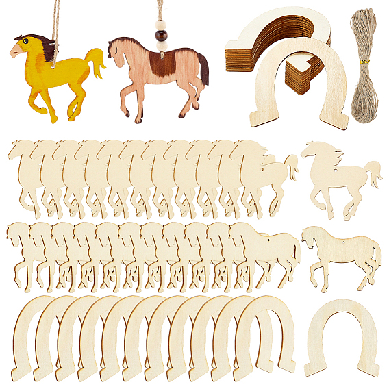 Самодельные незавершенные деревянные заготовки в виде лошади/подковы, с джутовым шнуром, для живописи