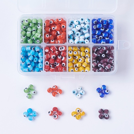 8 Colors Handmade Evil Eye Lampwork Beads, Round