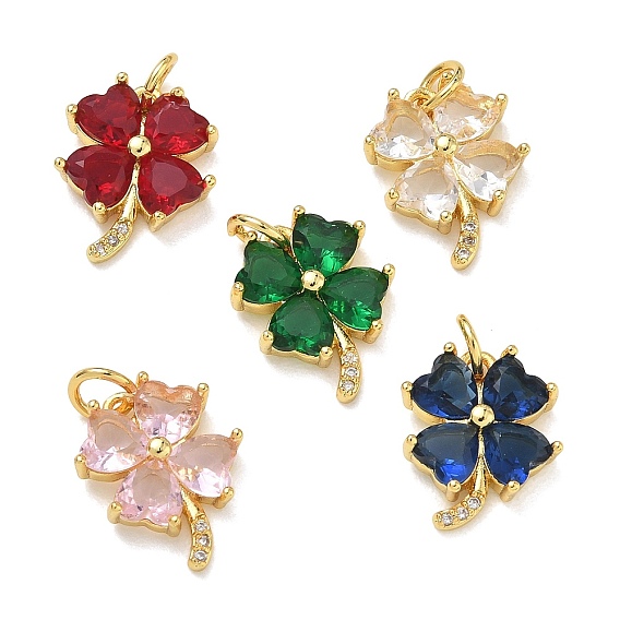 Brass Micro Pave Cubic Zirconia with Glass Pendants, Clover Charms, Rack Plating, Long-Lasting Plated, Cadmium Free & Lead Free, Golden