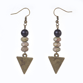 Gemstone and Sandalwood Beads Dangle Earrings, with Alloy Blank Tag Pendants and Brass Earring Hooks, Triangle, Antique Bronze