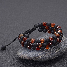 Natural Agate Beaded Triple Layered Bracelet with Matte Stone Stripes