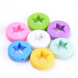 Food Grade Eco-Friendly Silicone Focal Beads, Flat Round with Star