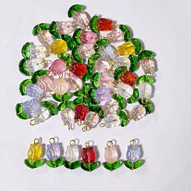40Pcs Glass Pendant, with Iron Findings, Tulip Charms