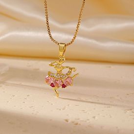 Fashionable Luxury Trendy Dancer Brass Rhinestone Pendant Necklace with Box Chain for Women Girl