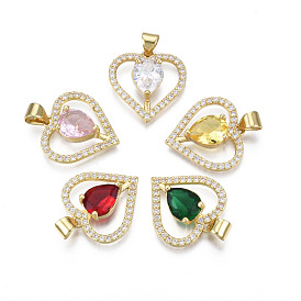 Brass Micro Pave Clear Cubic Zirconia Pendants, with Glass and Brass Snap on Bails, Nickel Free, Real 18K Gold Plated, Heart