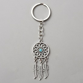 Woven Net/Web with Feather Alloy & Resin Pendant Keychain, with Alloy Findings