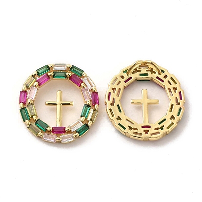 Brass Micro Pave Cubic Zirconia Pendants, Flat Round with Cross Charm, Golden, Religion