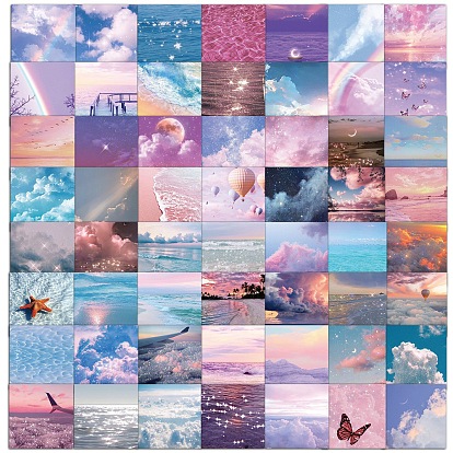 56Pcs Square Sky Water Surface Fancy Scenery Pattern Paper Sticker Label Set, Adhesive Label Stickers, for Suitcase & Skateboard & Refigerator Decor