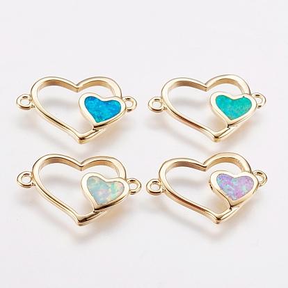Brass Links Connectors, with Synthetic Opal, Heart