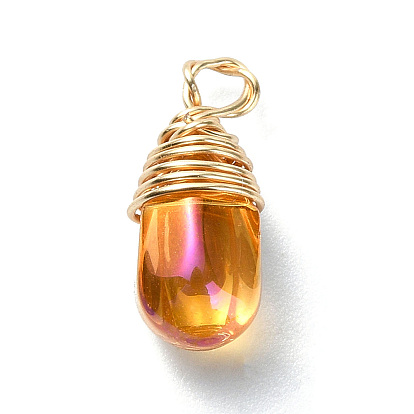 Wire Wrapped Electroplate Glass Pendant, with Brass Findings, Teardrop Charm