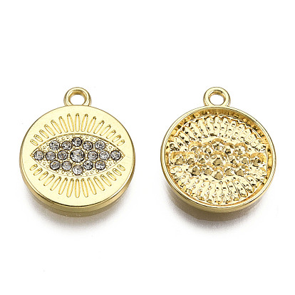 Rack Plating Alloy Charms, with Crystal Rhinestone, Cadmium Free & Nickel Free & Lead Free, Flat Round with Eye