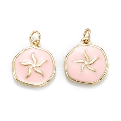 Brass Enamel Pendants, with Jump Rings, Long-Lasting Plated, Flat Round, Pink