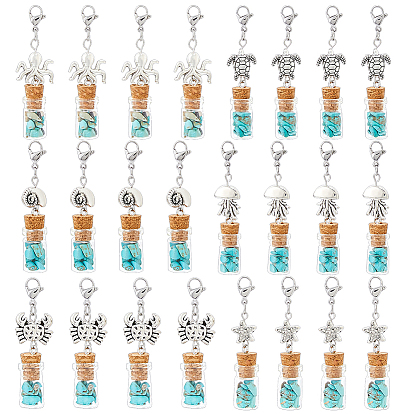 24шт 6 стили серии Ocean синтетическая бирюза подвесные украшения, с выводами сплава и 304 из нержавеющей стали омары коготь застежками