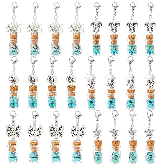 24шт 6 стили серии Ocean синтетическая бирюза подвесные украшения, с выводами сплава и 304 из нержавеющей стали омары коготь застежками