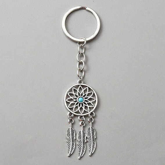 Woven Net/Web with Feather Alloy & Resin Pendant Keychain, with Alloy Findings