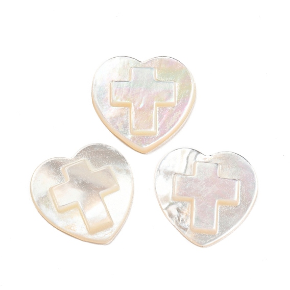 Natural Sea Shell Cabochons, Heart with Cross