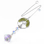 Natural Gemstone Big Pendants, with Platinum Brass Chain Extender and Findings, Plating Glass Teardrop & Flower, Clear AB Color, Flat Round with Tree of Life
