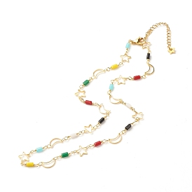 Brass Star & Moon Link Chain Necklace with Glass Beads, Golden