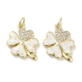 Brass Micro Pave Clear Cubic Zirconia Pendants, with Synthetic Opal and Jump Rings, Real 18K Gold Plated, Clover Charms