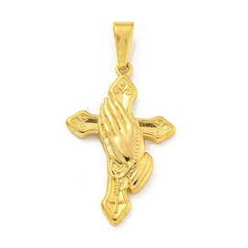 Ion Plating(IP) 304 Stainless Steel Pendants, Cross with Praying Hands Charm