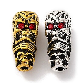 Rack Plating Tibetan Style Alloy 3 Hole Guru Beads, T-Drilled Beads, with Rhinestone, Skull