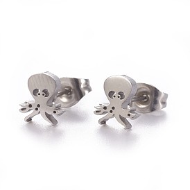 304 Stainless Steel Stud Earrings, Hypoallergenic Earrings, with Ear Nuts/Earring Back, Octopus
