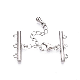 Rhodium Plated 925 Sterling Silver Necklace Layering Clasps, with 3 Strands 6-Hole Ends and Lobster Claw Clasps