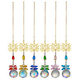 Metal Hollow Lotus Hanging Ornaments, Glass Round Tassel Suncatchers for Home Garden Outdoor Decoration