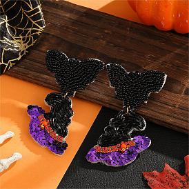 Bat Hat Glass Bead Stud Earrings, Halloween Style Fashion Jewelry Gift