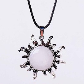 Natural & Synthetic Gemstone Sun Pendant Necklace, Vintage Alloy Necklace for Women