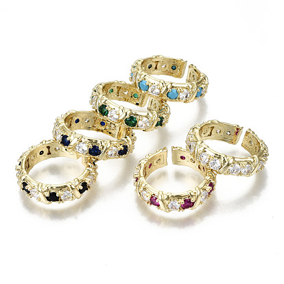 Brass Micro Pave Cubic Zirconia Cuff Rings, Open Rings, Nickel Free, Real 16K Gold Plated