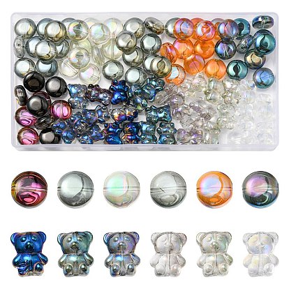 90Pcs 12 Style Electroplate Glass Beads Strands, AB Color & Rainbow Plated, Flat Round & Bear