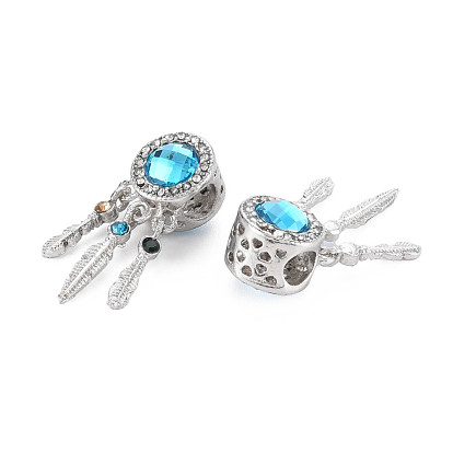 Rack Plating Alloy European Dangle Charms, with Resin and Rhinestone, Large Hole Beads, Cadmium Free & Nickel Free & Lead Free, Woven Net/Web with Feather, Platinum