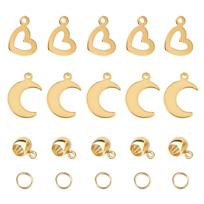 Kits de fabricación de joyas con colgantes de bricolaje, 304 colgantes de acero inoxidable y ganchos de tubo y anillos de salto, el corazón y la luna