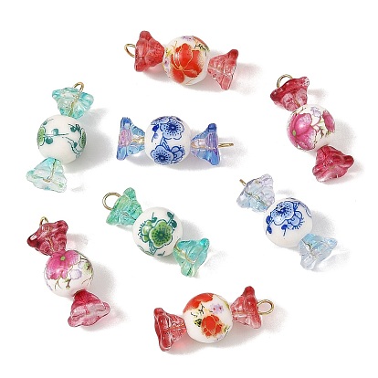 Electroplate Glass & Handmade Porcelain & 304 Stainless Steel Pendants, Candy with Round & Flower Charms, Real 18K Gold Plated