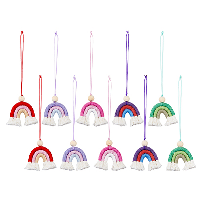 10 pièces 5 couleurs arc-en-ciel polycoton (polyester coton) décorations pendentifs, avec du fil de nylon et des perles en bois