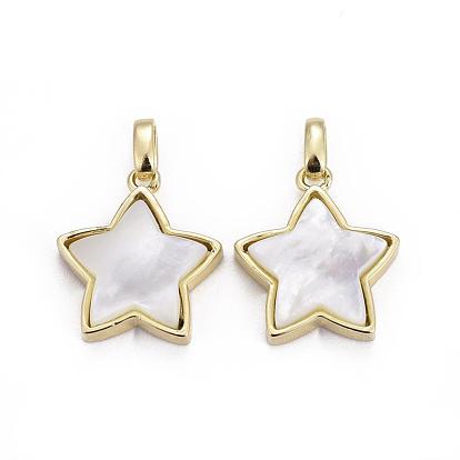 Natural White Shell Mother of Pearl Shell Pendants, with Brass Findings, Star