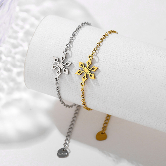 304 Stainless Steel Snowflake Link Bracelets, Cable Chain Bracelets for Women
